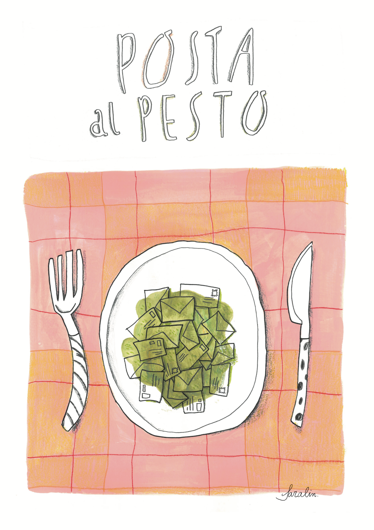 Illustrazione su carta riciclata - Ricette travisate - Posta al pesto - A4