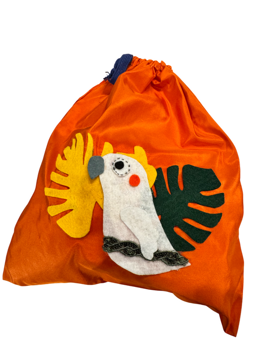 Bustina porta tutto in stoffa, arancione, realizzata a mano, decorazione  animali, pappagallo