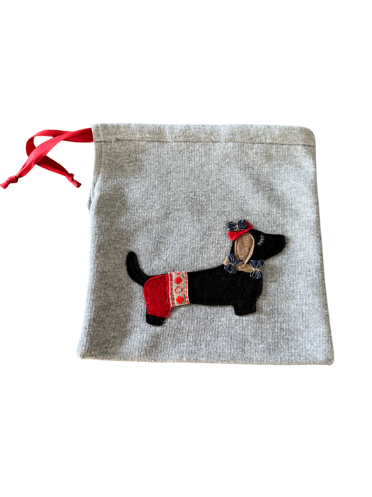 Bustina porta tutto in stoffa, grigia, realizzata a mano, decorazione animali, cane