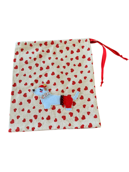 Bustina porta tutto in stoffa, cuori, realizzata a mano, decorazione cane