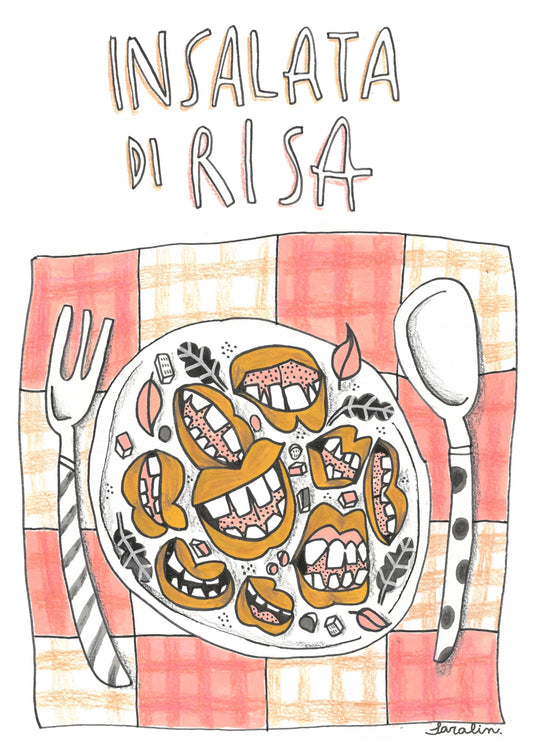 Illustrazione su carta riciclata - Ricette travisate - Insalata di risa - A3