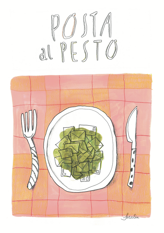Illustrazione su carta riciclata - Ricette travisate - Posta al pesto - A3