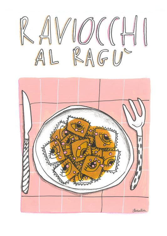 Illustrazione su carta riciclata - Ricette travisate - Raviocchi al ragù - A3